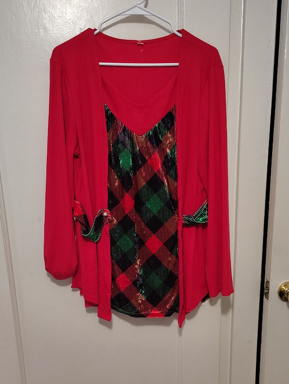 Red Layered Top with Festive Argyle Front Panel